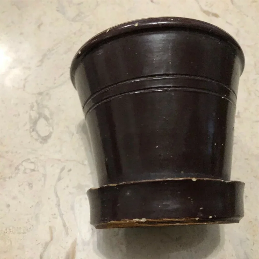 Vintage Pottery Planter with attached Saucer Brown Glaze Primitive